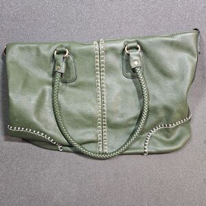 Green Faux Leather Tote Bag Large Whipstitch Shoulder Purse Oversized